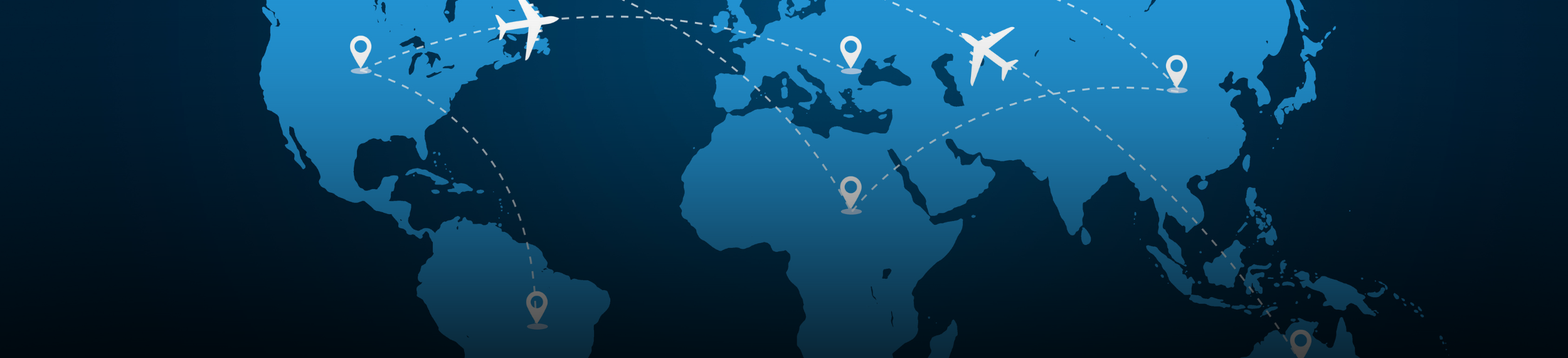 Slice of World Map with Map Icons and Graphics of Airplane Paths